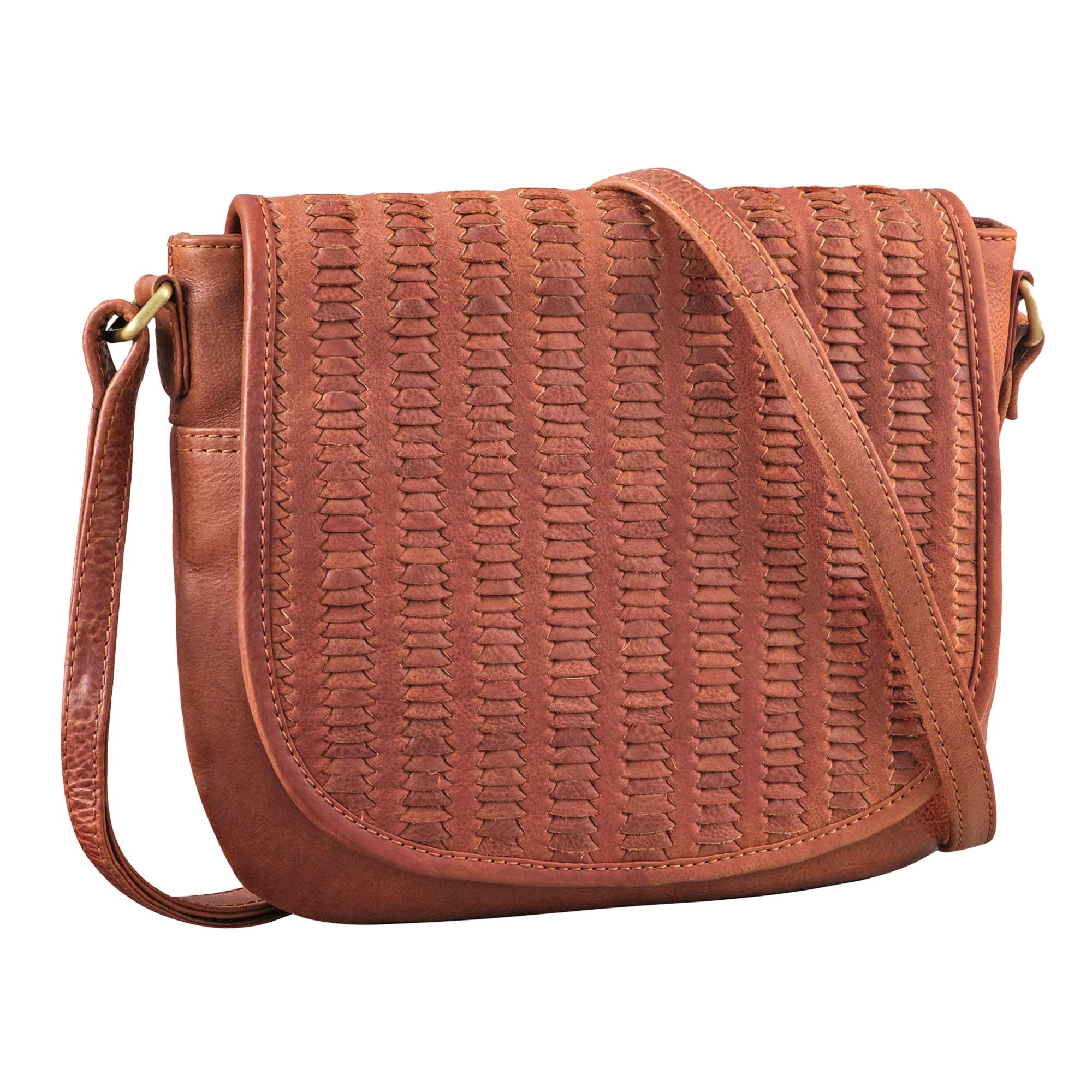 Damen Schultertasche Leder geflochten cognac aus der schrägen Frontalperspektive