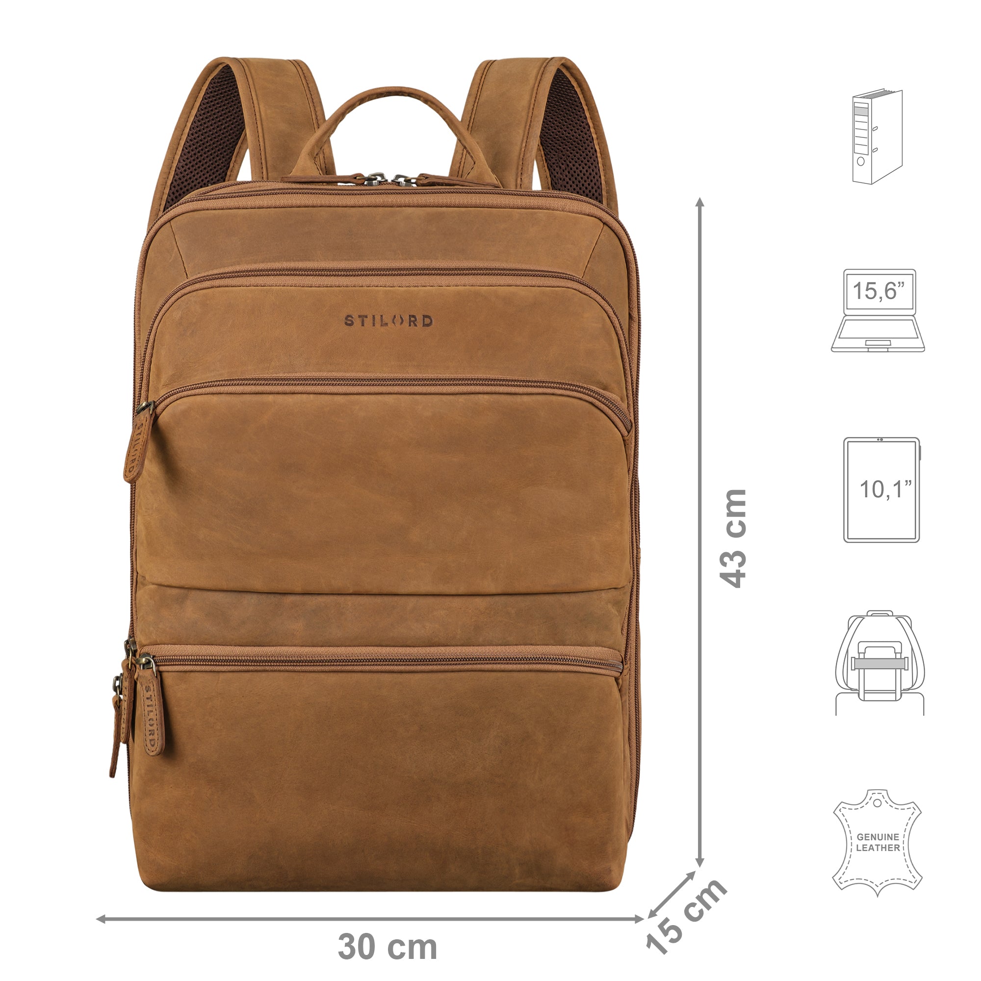Lederrucksack braun mit Größenangaben und zusätzlichen Merkmal Icons
