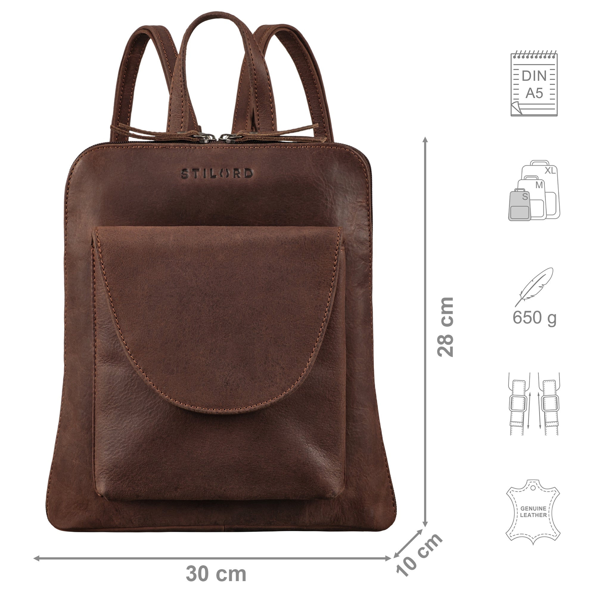 Cityrucksack braun mit Größenangaben und zusätzlichen Merkmal Icons