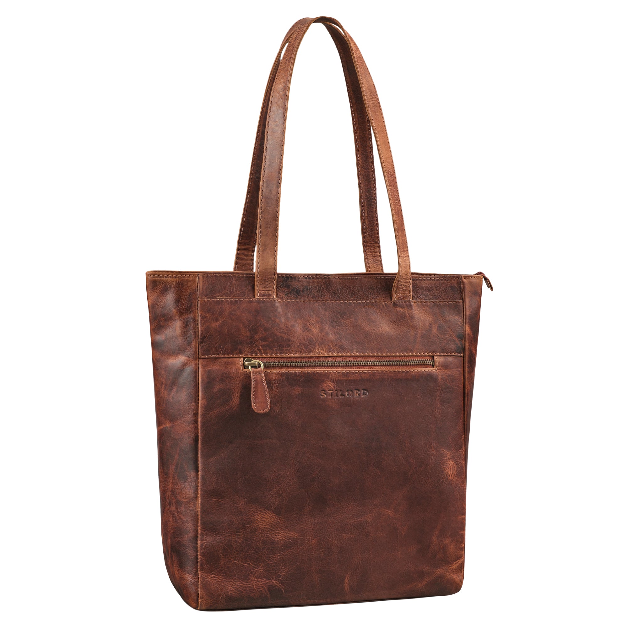 Große Schultertasche Leder cognac aus der schrägen Frontalperspektive