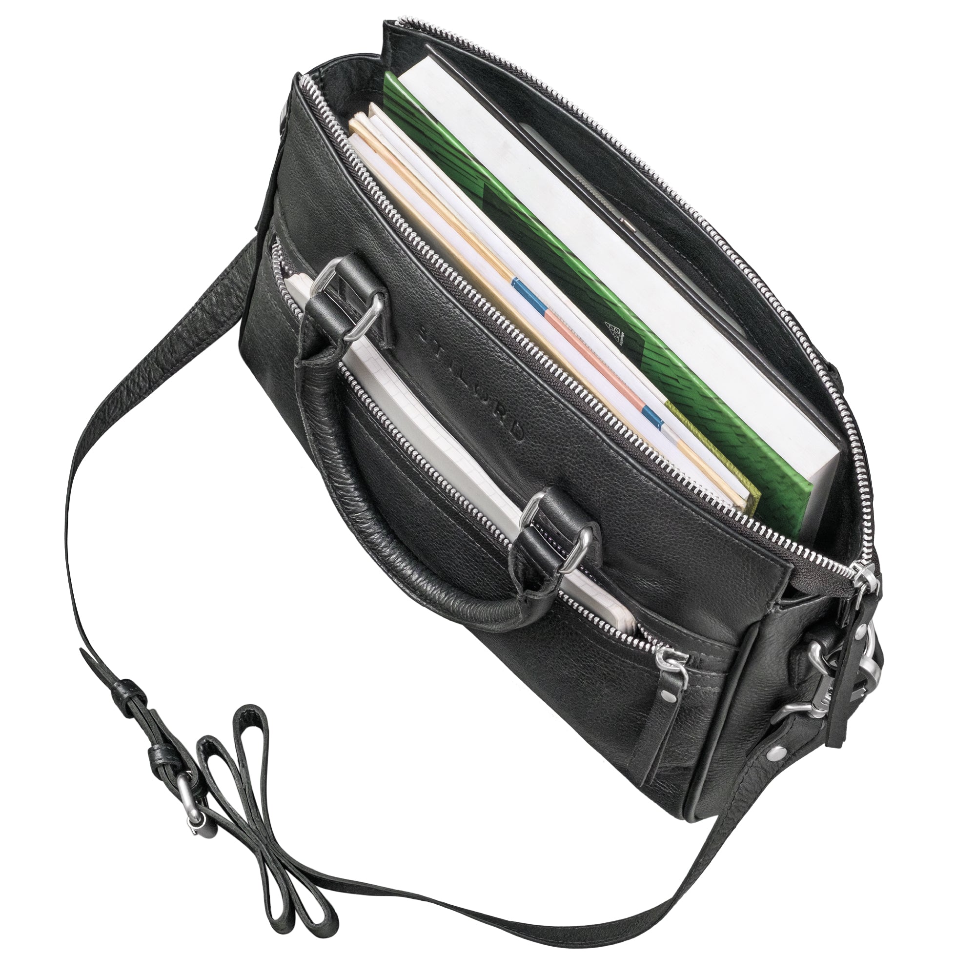 Damen Handtasche Leder schwarz mit vielen Fächern