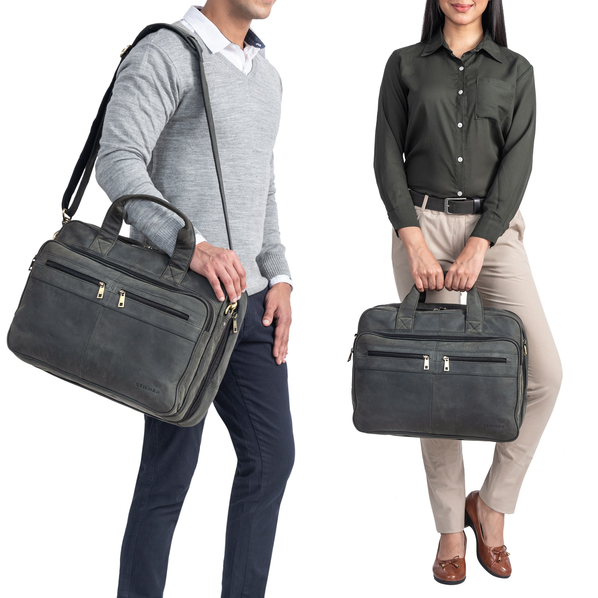 Graue Ledertasche Umhängetasche XL