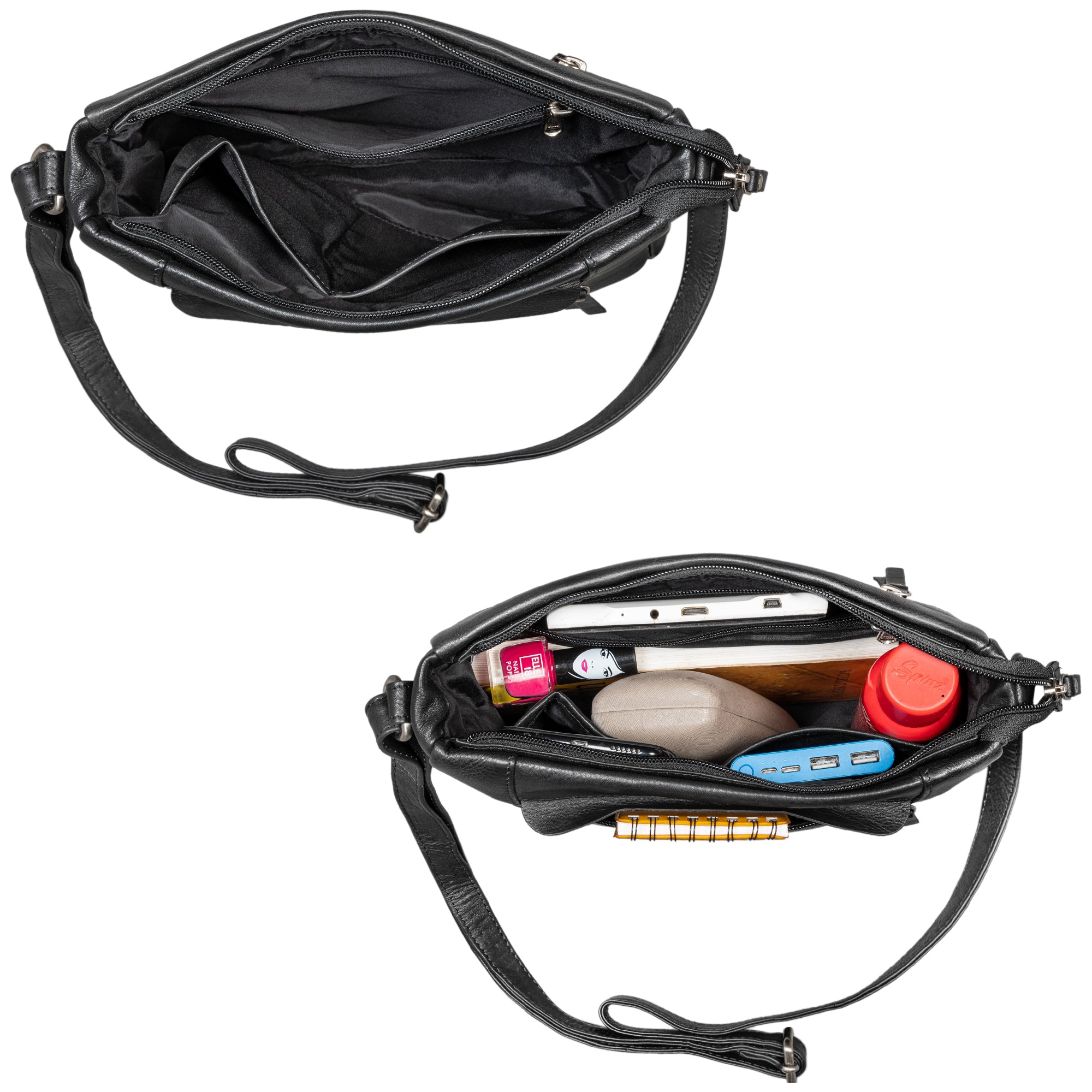 Handtaschen Damen aus schwarzem Echtleder mit leerem und organisiertem Hauptfach aus der Draufsicht