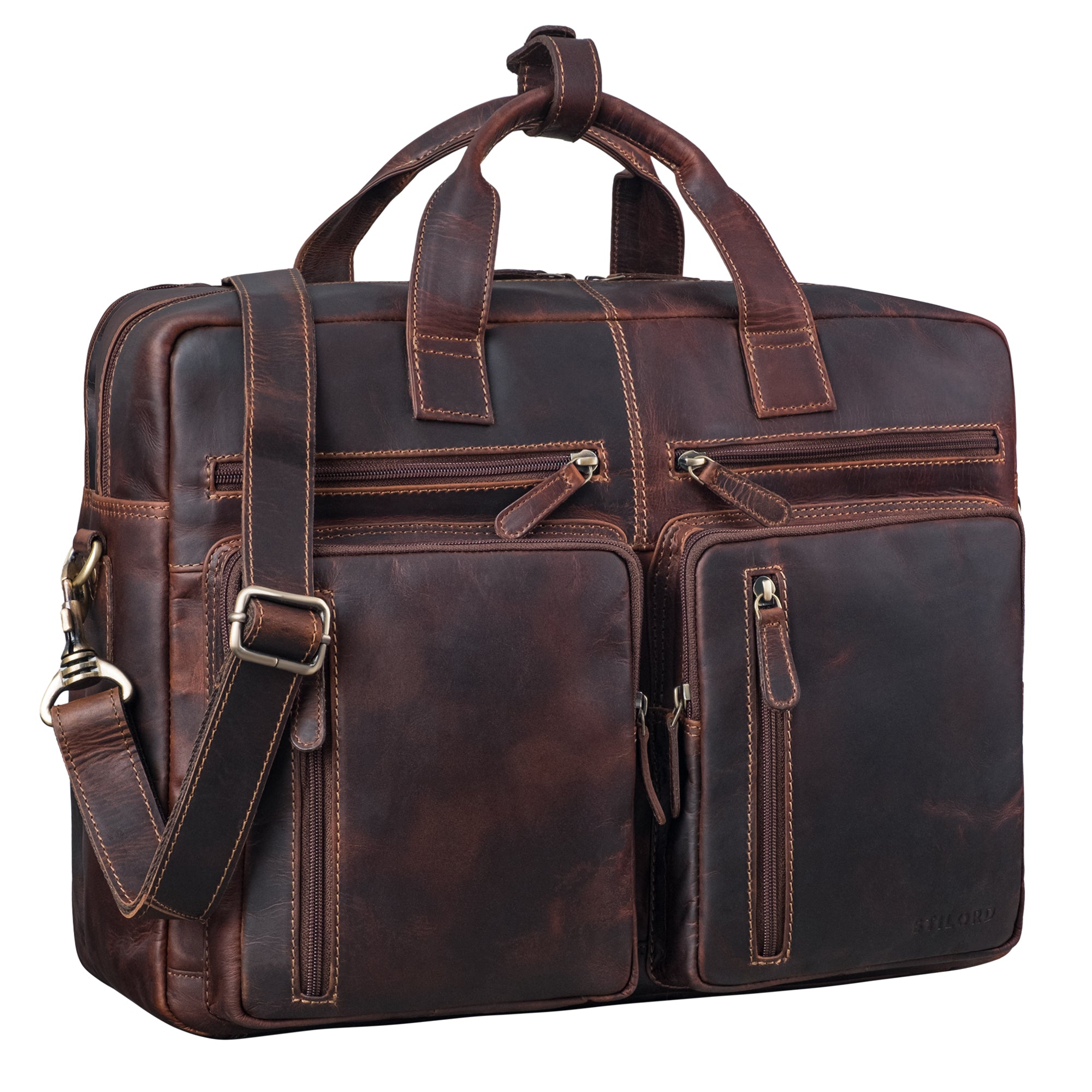 XXL Laptoptasche 17 Zoll Leder Herren und Damen braun mit gepolstertem Laptopfach und verstellbarem Schultergurt