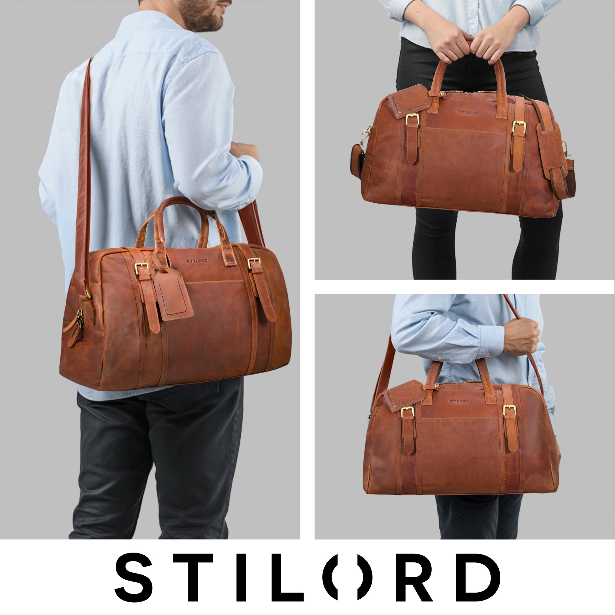 Echtleder Weekender Cognac mit abnehmbaren Gurt für Herren und Damen 